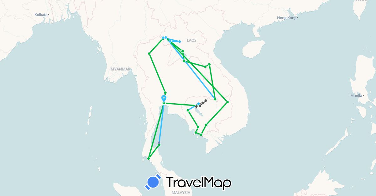 TravelMap itinerary: bus, plane, cycling, boat, motorbike in Cambodia, Laos, Thailand (Asia)